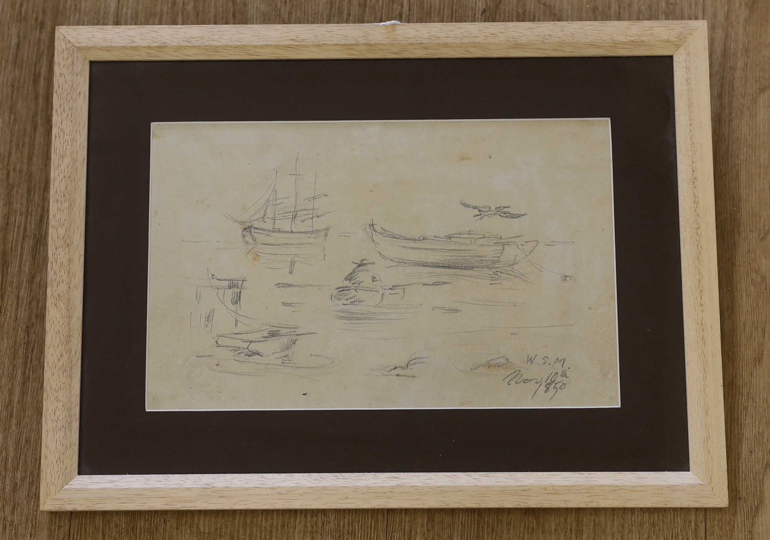 William Sidney Mount (American 1807-1868), pencil sketch, Studies of boats, initialled and dated 1850, details verso, 27 x 17cm